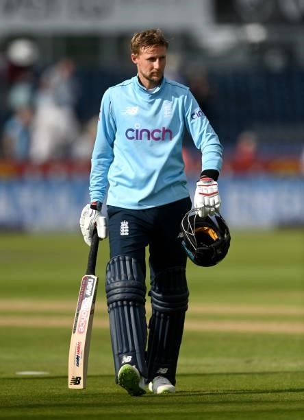Joe Root of England during the 1st One Day International between England and Sri Lanka at Emirates Riverside on June 29, 2021 in Chester-le-Street,...