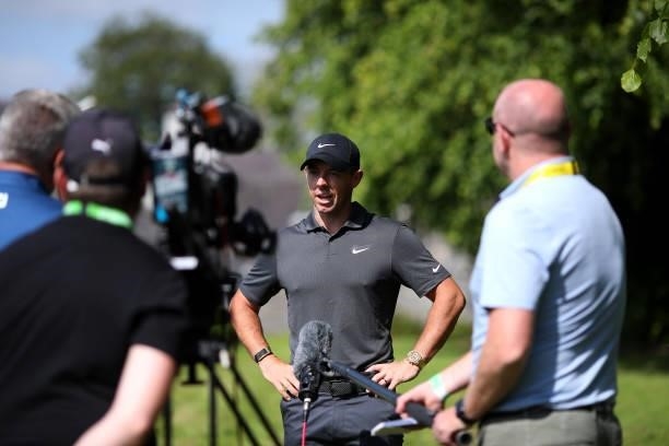 Rory McIlroy of Northern Ireland chats to media during a practice day prior to The Dubai Duty Free Irish Open at Mount Juliet Golf Club on June 29,...