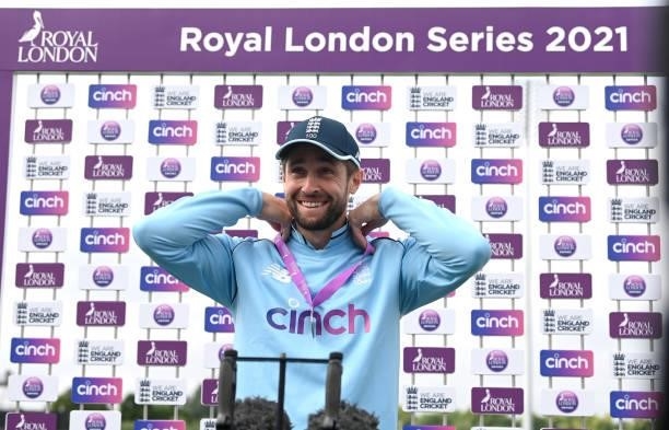 Man of the match Chris Woakes speaks at the presentations after the 1st One Day International between England and Sri Lanka at Emirates Riverside on...