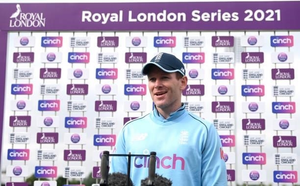 England captain Eoin Morgan speaks at the presentations after the 1st One Day International between England and Sri Lanka at Emirates Riverside on...