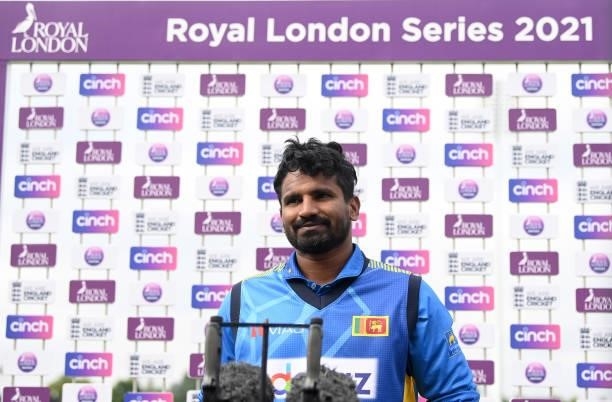 Sri Lanka captain Kusal Perera speaks at the presentations after the 1st One Day International between England and Sri Lanka at Emirates Riverside on...