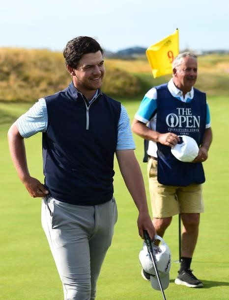 Sam Bairstow of England finishes on the 18th hole during Final Qualifying for the 149th Open at St Annes Old Links Golf Club on June 29, 2021 in...