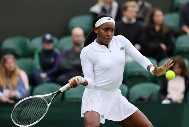Coco Gauff of The United States plays a forehand in her Ladies' Singles First Round match against Francesca Jones of Great Britain during Day Two of...