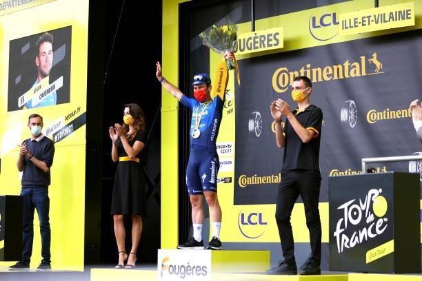 Mark Cavendish of The United Kingdom and Team Deceuninck - Quick-Step celebrates at podium during the 108th Tour de France 2021, Stage 4 a 150,4km...