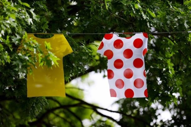 Yellow leader jersey / Polka Dot Mountain Jersey decoration during the 108th Tour de France 2021, Stage 4 a 150,4km stage from Redon to Fougères /...