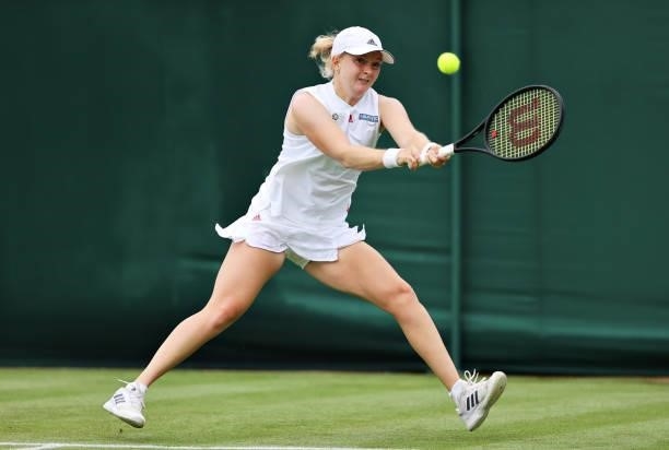 Francesca Jones of Great Britain plays a backhand in her Ladies' Singles First Round match against Coco Gauff of The United States during Day Two of...
