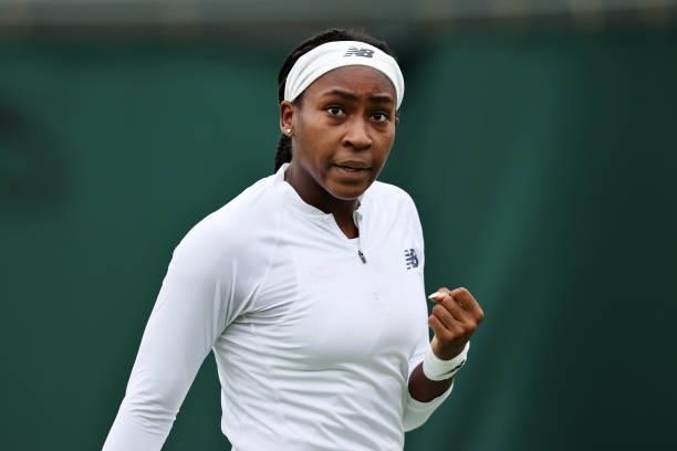 Coco Gauff of The United States celebrates in her Ladies' Singles First Round match against Francesca Jones of Great Britain during Day Two of The...