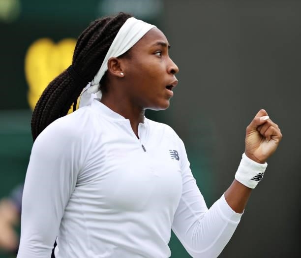 Coco Gauff of The United States celebrates after winning the first set in her Ladies' Singles First Round match against Francesca Jones of Great...
