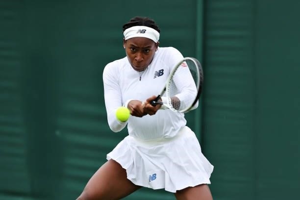 Coco Gauff of The United States plays a backhand in her Ladies' Singles First Round match against Francesca Jones of Great Britain during Day Two of...