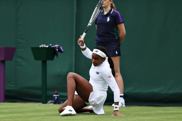 Coco Gauff of The United States slips in her Ladies' Singles First Round match against Francesca Jones of Great Britain during Day Two of The...