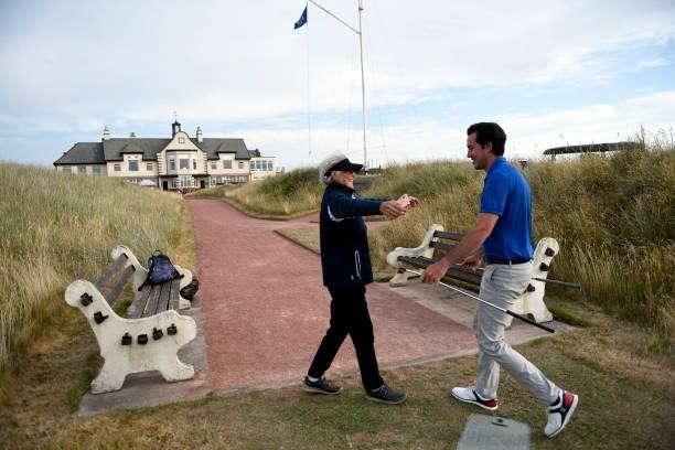 James Robinson of England walks off the 18th green during Final Qualifying for the 149th Open at St Annes Old Links Golf Club on June 29, 2021 in...