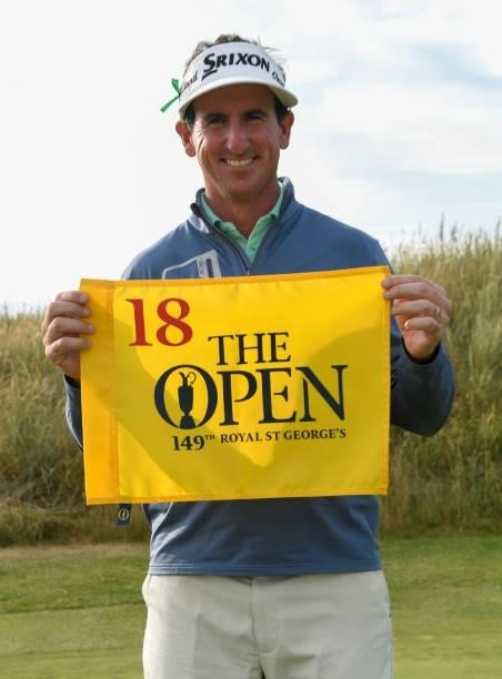 Gonzalo Fernández-Castaño of Spain poses with The Open flag after qualifying for the 149th Open Championship during Final Qualifying for the 149th...