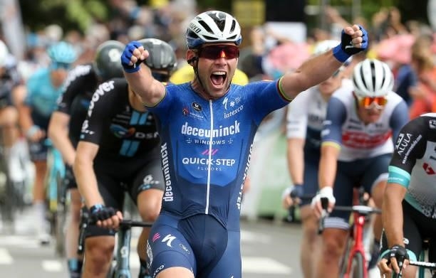 Mark Cavendish of Great Britain and Deceuninck - Quick Step celebrates winning stage 4 of the 108th Tour de France 2021, a stage of 150 km from Redon...