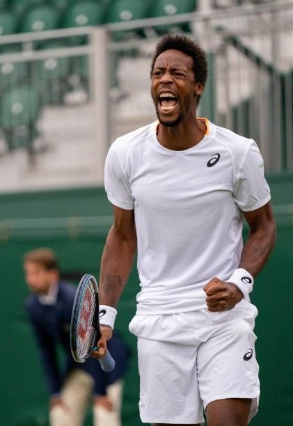 Gael Monfils of France celebrates in his Men's Singles First Round match against Christopher O'Connell of Australia during Day Two of The...