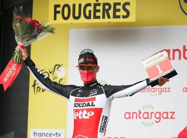 Brent Van Moer of Belgium and Lotto Soudal receives the award for best combative rider of the day during the podium ceremony of stage 4 of the 108th...