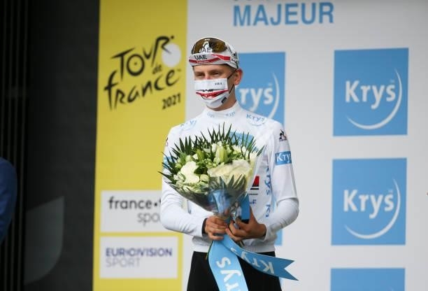 Tadej Pogacar of Slovenia and UAE Team Emirates retains the white jersey of best young rider during the podium ceremony of stage 4 of the 108th Tour...