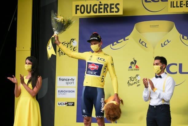 Mathieu Van Der Poel of Netherlands and Alpecin - Fenix retains the yellow jersey of race's leader during the podium ceremony of stage 4 of the 108th...