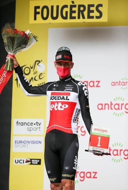 Brent Van Moer of Belgium and Lotto Soudal receives the award for best combative rider of the day during the podium ceremony of stage 4 of the 108th...