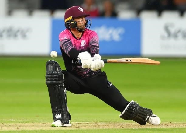 Devon Conway of Somerset bats during the Vitality T20 Blast match between Essex Eagles and Somerset CCC at Cloudfm County Ground on June 29, 2021 in...