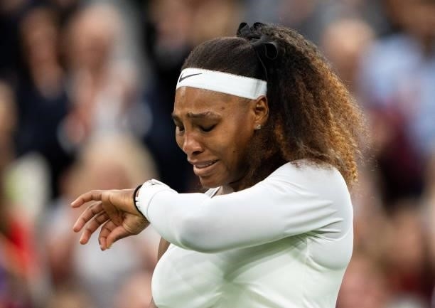 Serena Williams of The United States reacts in her Ladies' Singles First Round match against Aliaksandra Sasnovich of Belarus during Day Two of The...