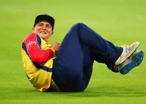 Michael Pepper of Essex Eagles reacts after catching out Marchant De Lange of Somerset during the Vitality T20 Blast match between Essex Eagles and...