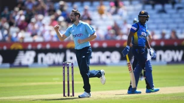 Chris Woakes of England celebrates after taking the wicket of Dhananjaya Lakshan of Sri Lanka during the 1st ODI match between England and Sri Lanka...