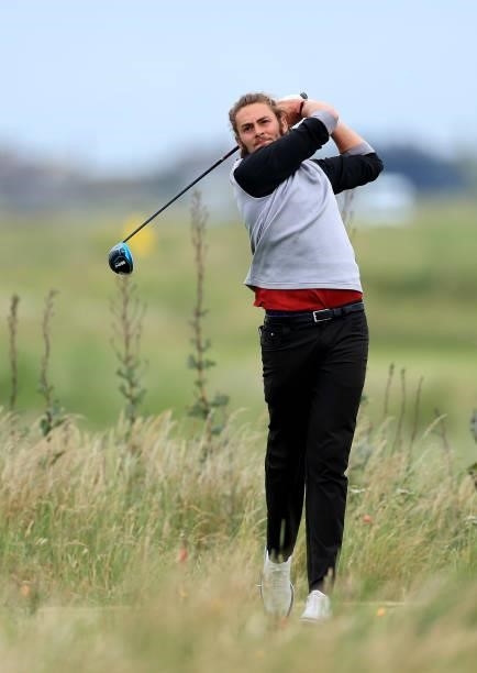 Connor Worsdall of England plays his tee shot on the 18th hole, his final hole in his second round during Final Qualifying for the 149th Open at...