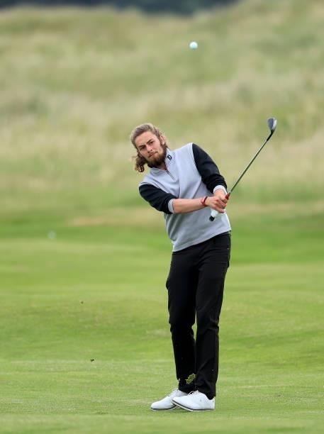 Connor Worsdall of England plays his third shot on the 18th hole, his final hole in his second round during Final Qualifying for the 149th Open at...