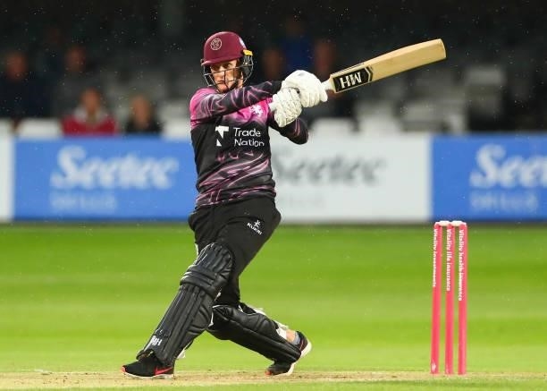 Max Waller of Somerset bats during the Vitality T20 Blast match between Essex Eagles and Somerset CCC at Cloudfm County Ground on June 29, 2021 in...