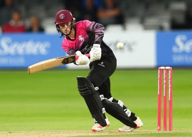 Lewis Goldsworthy of Somerset bats during the Vitality T20 Blast match between Essex Eagles and Somerset CCC at Cloudfm County Ground on June 29,...