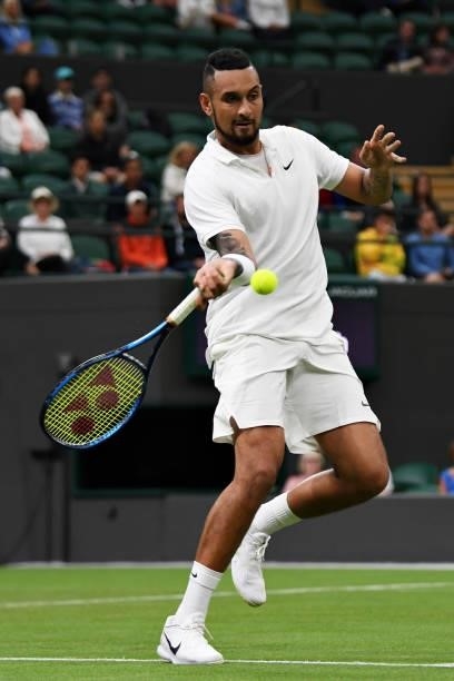 Nick Kyrgios of Australia plays a forehand in his Men's Singles First Round match against Ugo Humbert of France during Day Two of The Championships -...