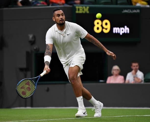 Nick Kyrgios of Australia runs to play a shot in his Men's Singles First Round match against Ugo Humbert of France during Day Two of The...