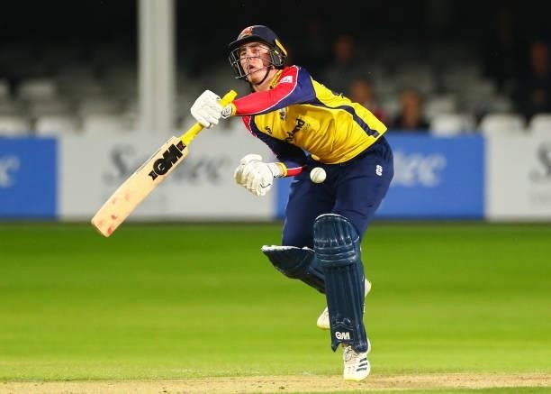 Dan Lawrence of Essex Eagles is hit by the ball as he attempts to bat during the Vitality T20 Blast match between Essex Eagles and Somerset CCC at...