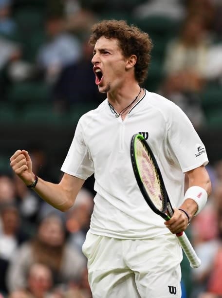 Ugo Humbert of France celebrates in his Men's Singles First Round match against Nick Kyrgios of Australia during Day Two of The Championships -...