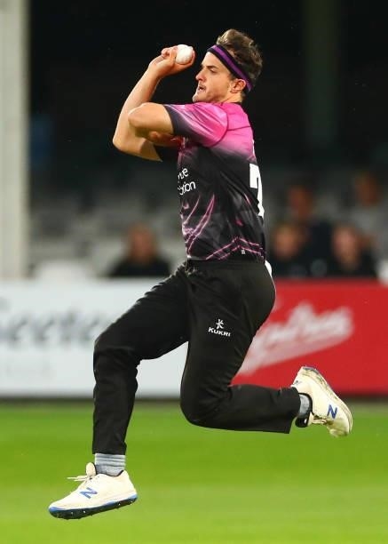 Jack Brooks of Somerset bowls during the Vitality T20 Blast match between Essex Eagles and Somerset CCC at Cloudfm County Ground on June 29, 2021 in...