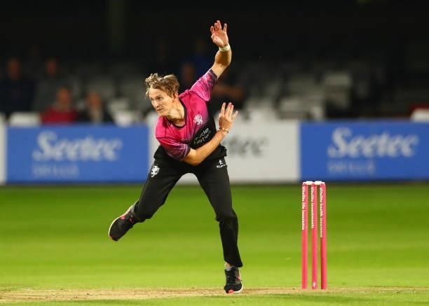Max Waller of Somerset bowls during the Vitality T20 Blast match between Essex Eagles and Somerset CCC at Cloudfm County Ground on June 29, 2021 in...