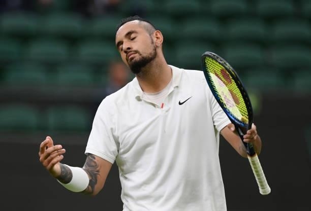 Nick Kyrgios of Australia reacts in his Men's Singles First Round match against Ugo Humbert of France during Day Two of The Championships - Wimbledon...