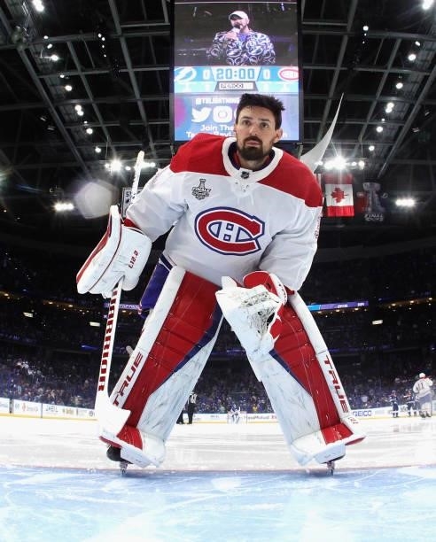 Carey Price of the Montreal Canadiens prepares to tend net against the Tampa Bay Lightning during Game One of the 2021 NHL Stanley Cup Finals against...