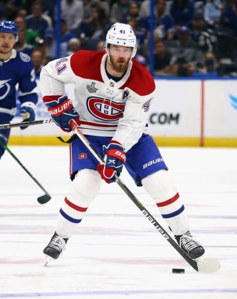 Paul Byron of the Montreal Canadiens skates against the Tampa Bay Lightning during Game One of the 2021 NHL Stanley Cup Finals against the Tampa Bay...