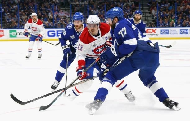 Brendan Gallagher of the Montreal Canadiens skates against the Tampa Bay Lightning during Game One of the 2021 NHL Stanley Cup Finals against the...
