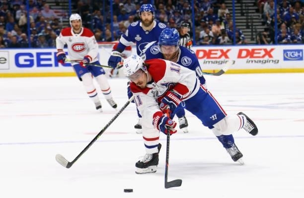 Brendan Gallagher of the Montreal Canadiens skates against the Tampa Bay Lightning during Game One of the 2021 NHL Stanley Cup Finals against the...