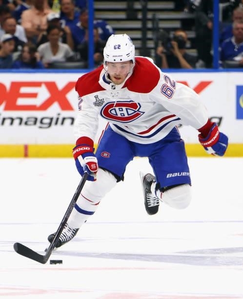 Artturi Lehkonen of the Montreal Canadiens skates against the Tampa Bay Lightning during Game One of the 2021 NHL Stanley Cup Finals against the...