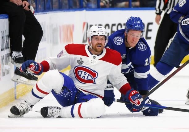Jeff Petry of the Montreal Canadiens skates against Ondrej Palat of the Tampa Bay Lightning during Game One of the 2021 NHL Stanley Cup Finals...