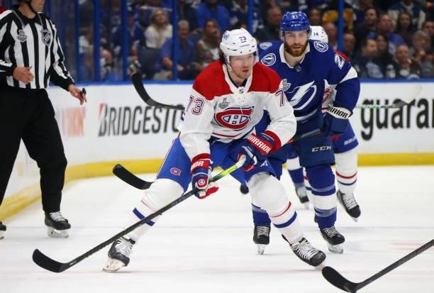 Tyler Toffoli of the Montreal Canadiens skates against the Tampa Bay Lightning during Game One of the 2021 NHL Stanley Cup Finals against the Tampa...