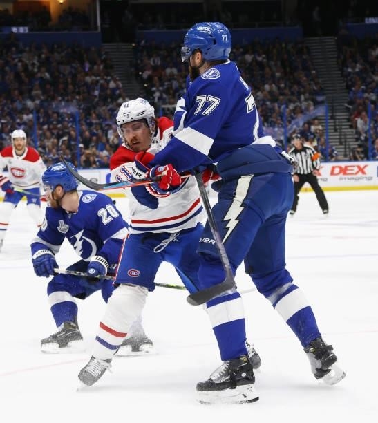 Brendan Gallagher of the Montreal Canadiens goes up against Victor Hedman of the Tampa Bay Lightning during Game One of the 2021 NHL Stanley Cup...