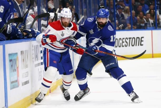 Paul Byron of the Montreal Canadiens skates against Alex Killorn of the Tampa Bay Lightning during Game One of the 2021 NHL Stanley Cup Finals...