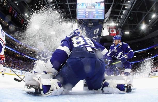 Andrei Vasilevskiy skates against the Montreal Canadiens during Game One of the 2021 NHL Stanley Cup Finals against the Tampa Bay Lightning at Amalie...