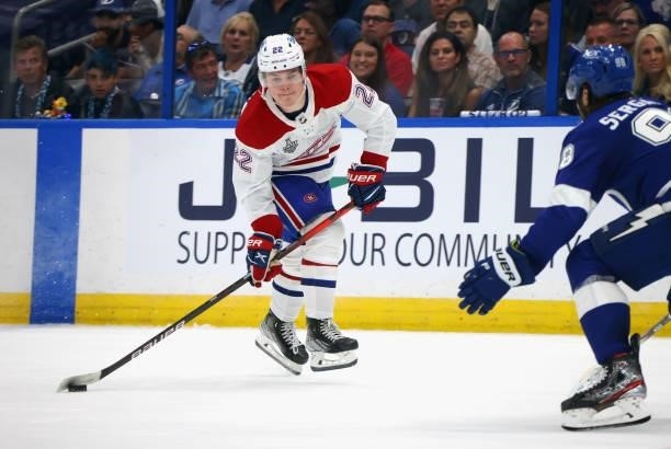 Cole Caufield of the Montreal Canadiens skates against the Tampa Bay Lightning during Game One of the 2021 NHL Stanley Cup Finals against the Tampa...