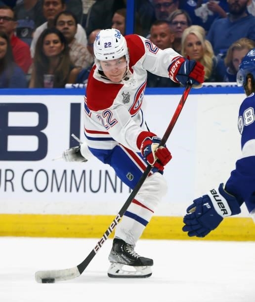 Cole Caufield of the Montreal Canadiens skates against the Tampa Bay Lightning during Game One of the 2021 NHL Stanley Cup Finals against the Tampa...