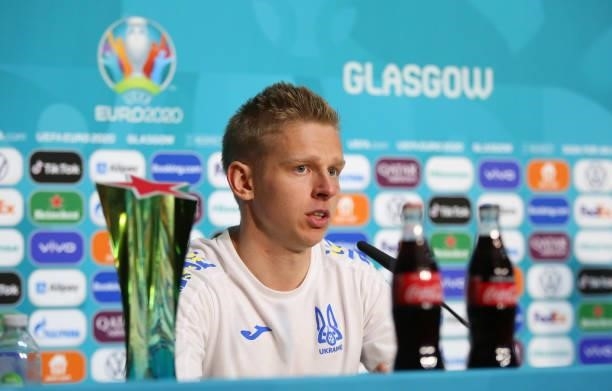 In this handout picture provided by UEFA, Oleksandr Zinchenko of Ukraine speaks to the media during the Ukraine Press Conference after UEFA Euro 2020...